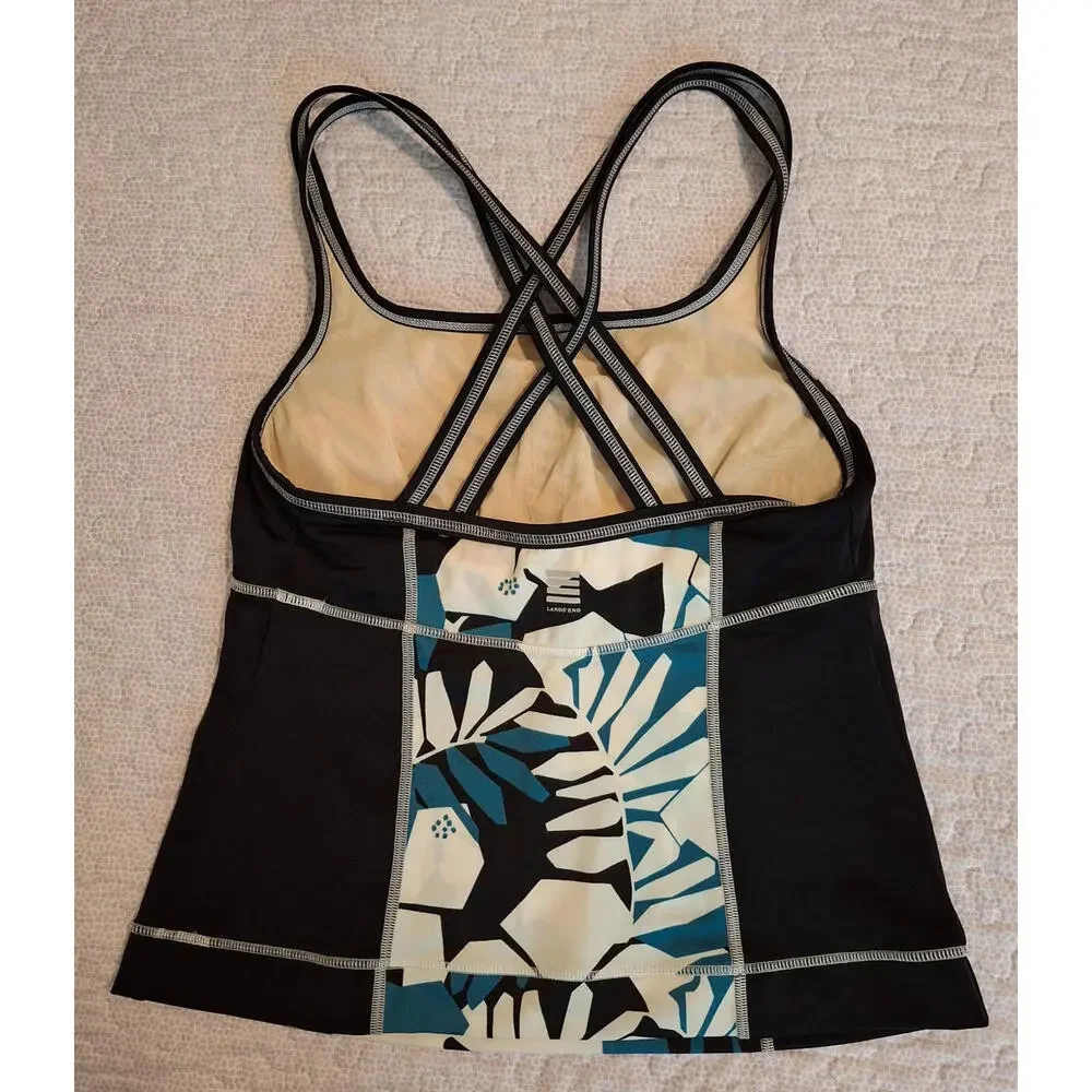 Lands' End Womens 6 Tankini Top Black Teal Floral Crisscross Strappy Back Sporty